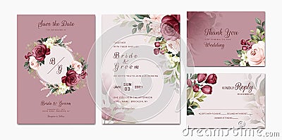 Elegant wedding invitation template set with burgundy and peach watercolor floral frame and border decoration. Botanic Vector Illustration