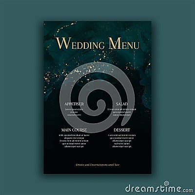 Elegant wedding menu design in green black and gold glitter Vector Illustration