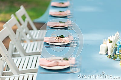 Elegant wedding table arrangement, floral decoration, restaurant. Wedding table setup. Stock Photo