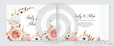 Elegant wedding vector invite. Golden, floral geometrical frame. Peach pink, white rose, anemone flowers, fall leaves, orange fern Vector Illustration