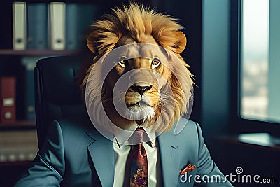 Elegant well-dressed lion as businessman in business office, generative ai Cartoon Illustration