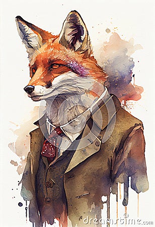 Elegant well dressed red fox watercolor Stock Photo