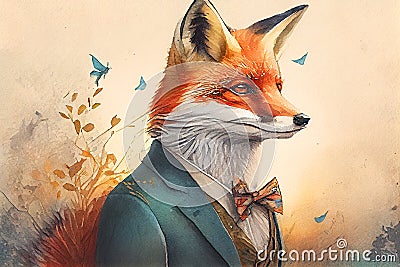 Elegant well dressed fox watercolor Stock Photo