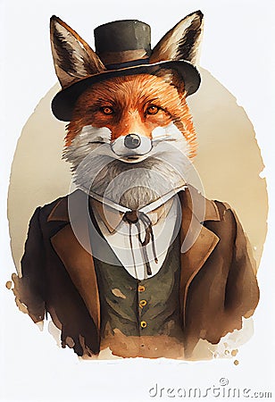 Elegant well dressed red fox watercolour Stock Photo