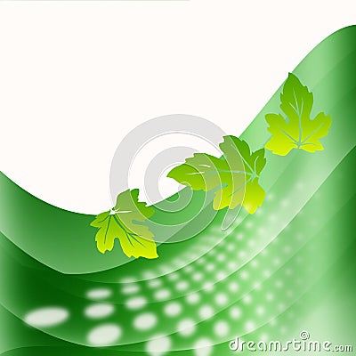 Elegant white background. Green wavy lines with fallen leaves. Stock Photo