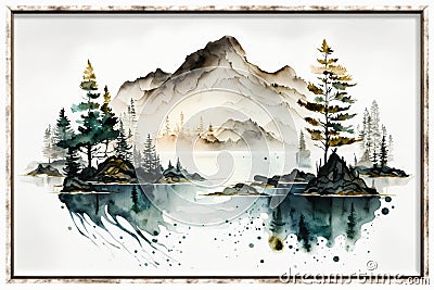 A lovely watercolor painting with a lake, pines, and mountains Cartoon Illustration