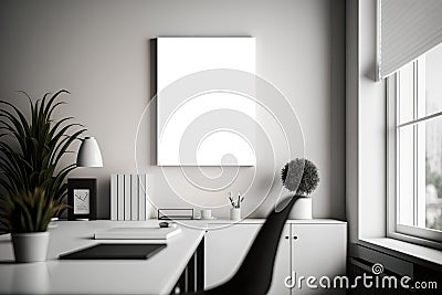 Elegant White Canvas Mockup: Minimalist Workspace, Cheerful Wall, and Inviting Atmosphere Stock Photo