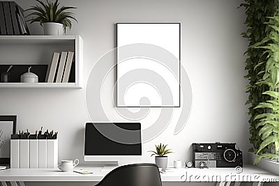 Elegant White Canvas Mockup: Minimalist Workspace, Cheerful Wall, and Inviting Atmosphere Stock Photo