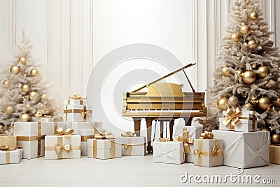 Elegant White Christmas with Golden Piano Stock Photo