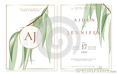 Elegant white engagement invitation template with willow in green pastel color Vector Illustration