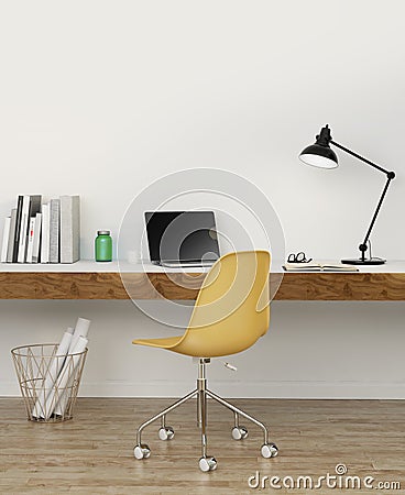 Elegant white home office with yellow chair Stock Photo