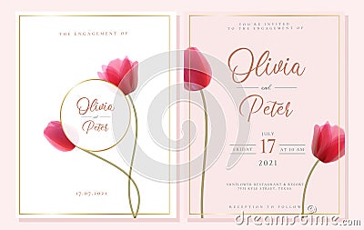 Elegant white and pink engagement invitation template with pink transparent tulip Vector Illustration