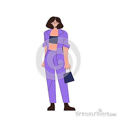 Elegant woman character wearing stylish trousers business suit standing isolated on white background Vector Illustration