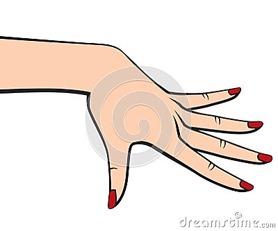 Elegant Woman Hand with Spread out Fingers with Red Nail Polish Retro Style Vector Outlined Illustration Isolated on White Vector Illustration