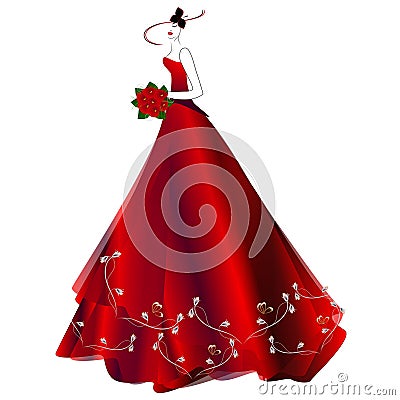 Elegant woman in a hat, in red long dress with bouquet. Vector Illustration