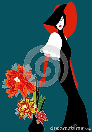 Elegant woman near a vse with peonies Vector Illustration
