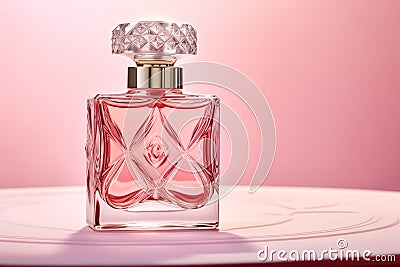 Elegant woman perfume bottle, red-pink background Stock Photo