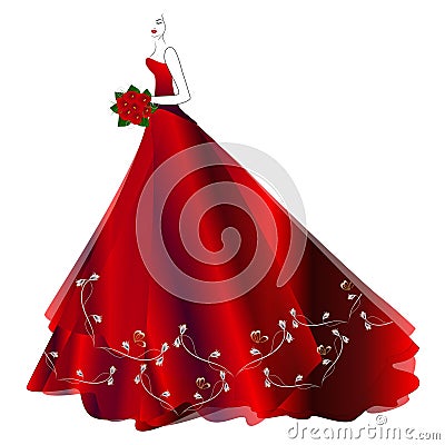 Elegant woman in red long dress with bouquet. Vector Illustration