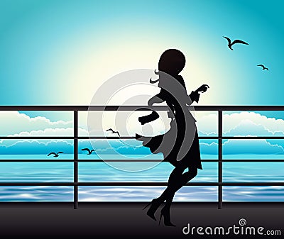 Elegant woman silhouette on a ferry boat Vector Illustration