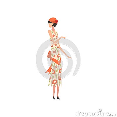 Elegant Woman in Summer Retro Dress and Hat, Beautiful Girl of 1920s, Art Deco Style Vector Illustration Vector Illustration