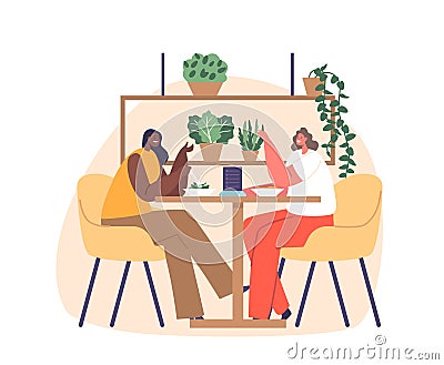 Elegant Women Enjoying A Delicious Microgreens Meal In A Vibrant Vegan Restaurant, Savoring The Flavors Of Fresh Dishes Vector Illustration