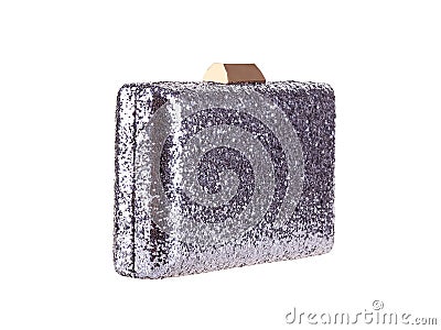 Elegant women solver blue shiny clutch has hard shape, a sparkly handbag Stock Photo