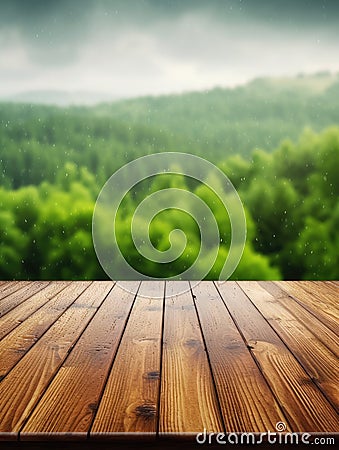 Elegant Wood Table Mockup: Summer Rain Enhancing Green Landscape Beauty Stock Photo