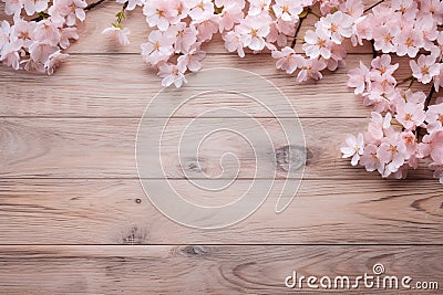 Elegant Wood Texture Background Adorned with Soft Pink Cherry Blossoms Stock Photo