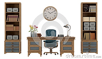 Elegant wooden desk with chair and bookcases, adorned with decorative items, against a white backdrop Stock Photo