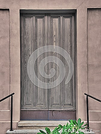 Elegant wooden side door with a green plant and a stair in front of it. Stock Photo