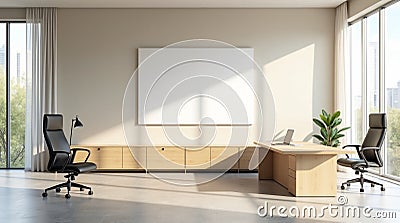 Elegant Workspace Design with a Blank Wall Canvas Mockup, and Expansive Windows Creating a Bright, Open Atmosphere Stock Photo