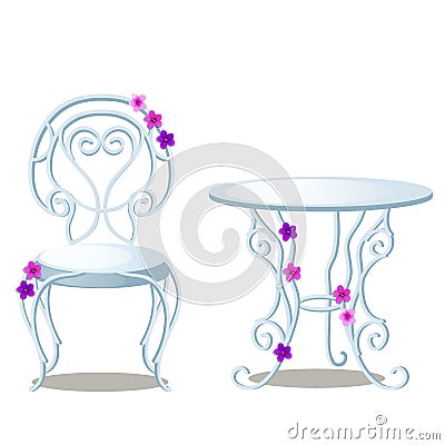 Elegant wrought-iron furniture made of glass and metal isolated on white background. Vector cartoon close-up Vector Illustration