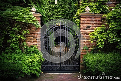 elegant wrought iron gate in front of classic brick wall Stock Photo