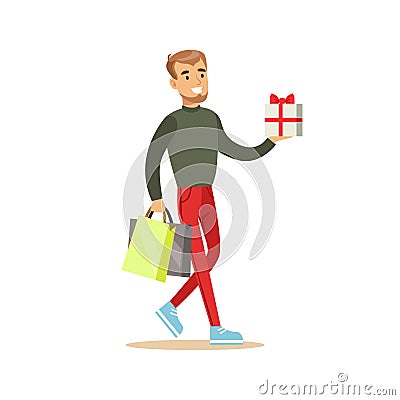 Elegant young handsome man with gift box and shopping bags colorful character vector Illustration Vector Illustration