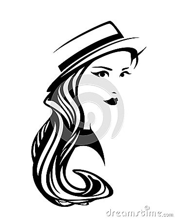 Woman wearing straw boater hat black vector portrait Vector Illustration