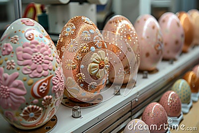 Elegantly decorated Easter eggs on a conveyor, with floral patterns in pastel tones, convey a blend of tradition and Stock Photo