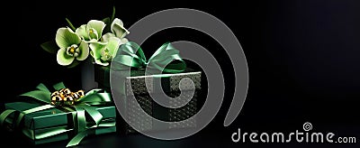 An elegantly presented gift, wrapped in emerald green paper and adorned with golden Celtic knots and shamrocks Stock Photo