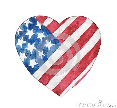 Watercolor stylized heart in the colors of the USA flag. Stock Photo