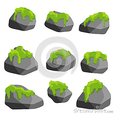 Set of gray stones with green moss. Cartoon illustration Stock Photo