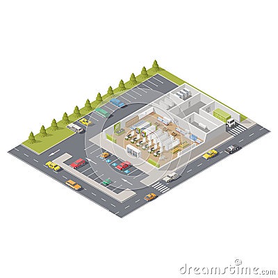 Element infographics representing supermarket in section with parking located on street Vector Illustration