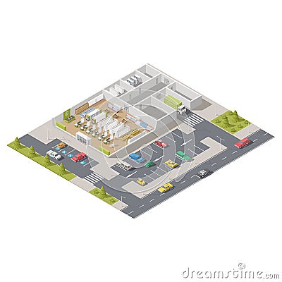 Element infographics representing a supermarket in section with parking located on a street Vector Illustration