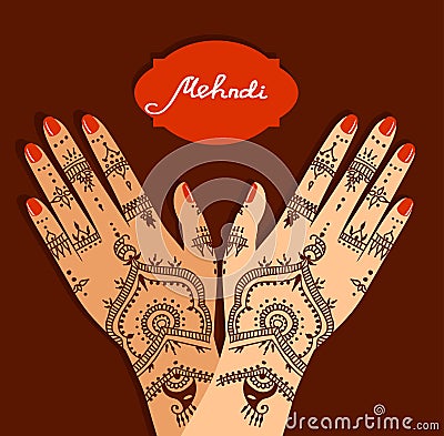 Element yoga mudra hands with mehendi patterns. Vector illustration for a yoga studio, tattoo, spas, postcards, souvenirs. Indian Vector Illustration