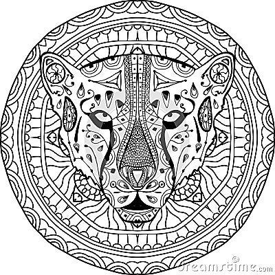 Element for your design. National ethnic circular pattern with the head of a Cheetah. Coloring page Vector Illustration