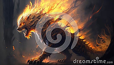 An elemental of burning fury a creature of pure fire Fantasy art. AI generation Stock Photo