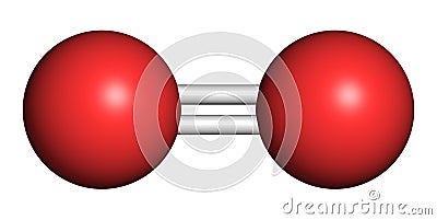 Elemental oxygen O2, molecular model. Atoms are represented as spheres with conventional color coding: oxygen red. Stock Photo
