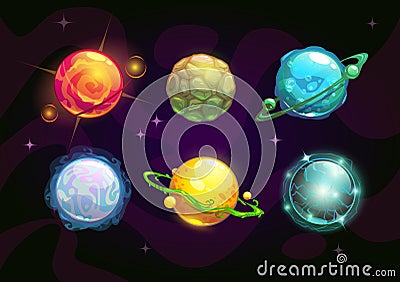 Elemental planets, fantasy space set Vector Illustration