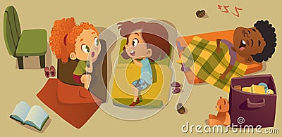 Elementary Class Bedtime Character Illustration. Kindergarten Multiracial Children Nap Time, Girl Friend Gossip. African Vector Illustration