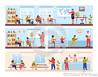 Elementary school building interior. Three floors of classrooms, dining Vector Illustration