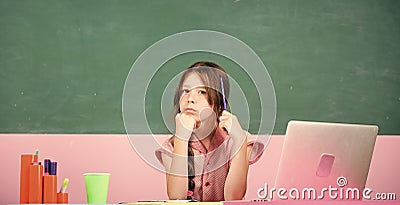 elementary school. 4G internet for weblog. small girl pupil with laptop. smart school girl in classroom. back to school Stock Photo