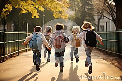 Elementary School Kids Running into School, Fun Kids Return Home, Generative AI Illustration Stock Photo